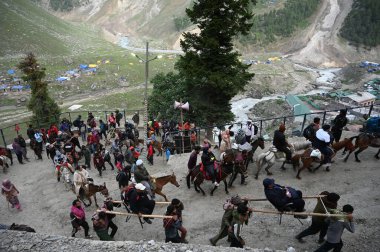 SRINAGAR INDIA 29 Haziran 2024 ilk Amarnath hacıları 29 Haziran 2024 tarihinde Srinagar 'ın kuzeydoğusundaki Baltal rotasındaki Amarnath mağarasına doğru yola çıktılar. 