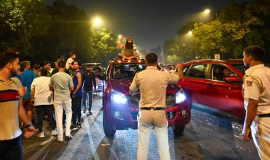 NEW DELHI INDIA JUNE 30 2024 Fans celebrate on a road near the India Gate after India won the T20 World Cup 2024 on June 30 2024 in New Delhi India Celebrations erupted Saturday night across cricketcrazy India as its team won the T20 World Cup with f clipart