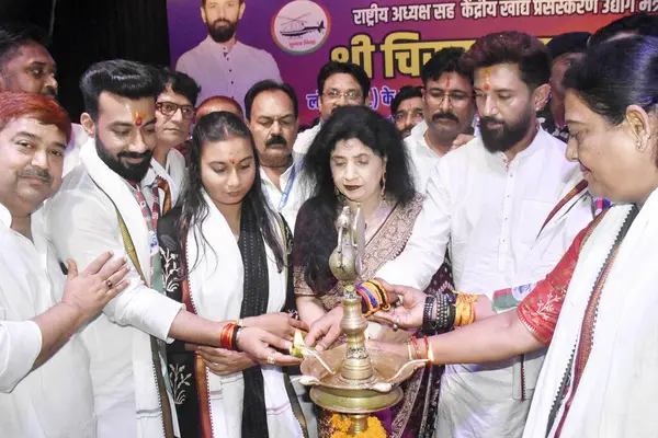 stock image PATNA INDIA JUNE 29 2024 Lok Janshakti Party Ramvilas president Chirag Paswan lighting the lamp to inaugurating Karyakarta Samman Samaroh at S K Memorial hall on June 29 2024 in Patna India Photo by Santosh Kumar Hindustan Times 