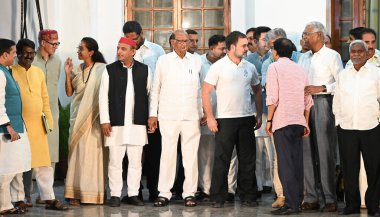 NEW DELHI, INDIA - JUNE 5 2024 Congress leader Rahul Gandhi, Samajwadi Party President Akhilesh Yadav, NCP leader Sharad Pawar, and others after the INDIA bloc leaders meeting at Kharge's residence on June 5, 2024 in New Delhi, India. (Photo by Arvin clipart