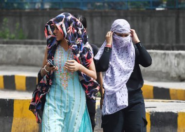 NOIDA, INDIA - 5 Haziran 2024 Sıcak bir yaz öğleden sonra sıcak hava dalgasına göğüs gerdi, Delhi-NCR 'de sıcaklık 5 Haziran 2024' te Noida, Hindistan 'da yükseldi. Delhi 'de Chanakyapuri' nin Sanjay Kamp alanı ve Geeta kolonisi de dahil olmak üzere birçok bölge