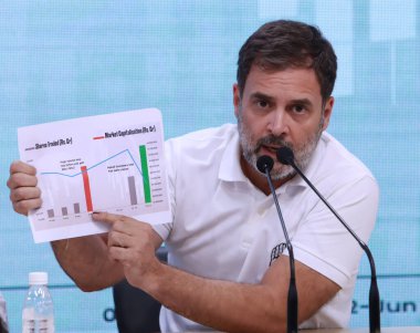 NEW DELHI, INDIA - JUNE 6 2024 Congress leader Rahul Gandhi with party leaders Jairam Ramesh, Pawan Khera, KC Venugopal and others during a press conference, in New Delhi, India on Thursday, June, 6, 2024. (Photo by Sonu Mehta/Hindustan Times)  clipart