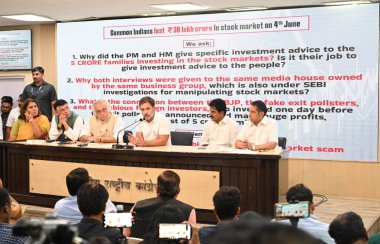 NEW DELHI, INDIA - JUNE 6 2024 Congress leader Rahul Gandhi with party leaders Jairam Ramesh, Pawan Khera, KC Venugopal and others during a press conference, in New Delhi, India on Thursday, June, 6, 2024. (Photo by Sonu Mehta/Hindustan Times)  clipart