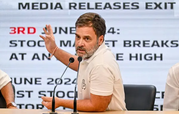 stock image NEW DELHI, INDIA - JUNE 6 2024 Congress leaders Rahul Gandhi during a press conference at AICC Headquater on June 6, 2024 in New Delhi, India. (Photo by Raj K Raj/Hindustan Times)