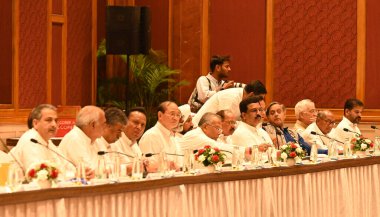 NEW DELHI, INDIA JUNE 8 2024   Senior congress leaders during the Extended Congress Working Committee meeting at Ashoka Hotel, on June 8, 2024 in New Delhi, India. The extended Congress Working Committee (CWC), the highest executive forum of the part clipart