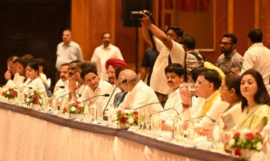 NEW DELHI, INDIA JUNE 8 2024   Senior congress leaders during the Extended Congress Working Committee meeting at Ashoka Hotel, on June 8, 2024 in New Delhi, India. The extended Congress Working Committee (CWC), the highest executive forum of the part clipart