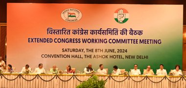 NEW DELHI, INDIA JUNE 8 2024   Congress President Mallikarjun Kharge along with party leaders Sonia Gandhi, Rahul Gandhi, KC Venugopal and others during the Extended Congress Working Committee meeting at Ashoka Hotel, on June 8, 2024 in New Delhi, In clipart