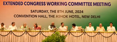 NEW DELHI, INDIA JUNE 8 2024   Congress President Mallikarjun Kharge along with party leaders Sonia Gandhi, Rahul Gandhi, KC Venugopal and others during the Extended Congress Working Committee meeting at Ashoka Hotel, on June 8, 2024 in New Delhi, In clipart