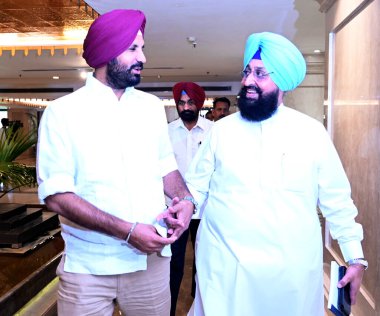 NEW DELHI, INDIA JUNE 8 2024   Punjab Congress chief and New Ludhiana Member of Parliament Amrinder Singh Raja and Member of the Legislative Assembly of Punjab Partap Singh Bajwa during the Extended Congress Working Committee meeting at Ashoka Hotel, clipart