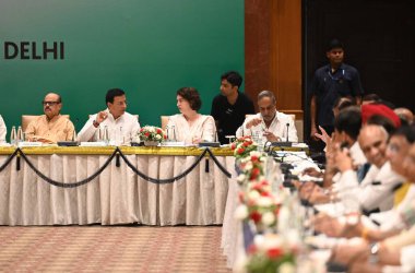 NEW DELHI, INDIA JUNE 8 2024   Priyanka Gandhi Vadra with other Senior congress leadership during the Extended Congress Working Committee meeting at Hotel Ashok, on June 8, 2024 in New Delhi, India. The extended Congress Working Committee (CWC), the  clipart