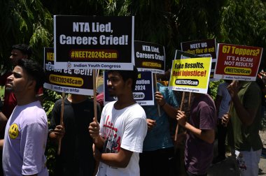 NEW DELHI, INDIA JUNE 9 2024   Indian Youth Congress workers protest against the alleged irregularities in the NEET-UG examination, at IYC office, on June 9, 2024 in New Delhi, India. The National Eligibility-cum-Entrance Test (NEET-UG) has faced sev clipart