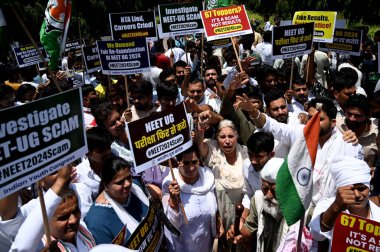 NEW DELHI, INDIA JUNE 9 2024   Indian Youth Congress workers protest against the alleged irregularities in the NEET-UG examination, at IYC office, on June 9, 2024 in New Delhi, India. The National Eligibility-cum-Entrance Test (NEET-UG) has faced sev clipart