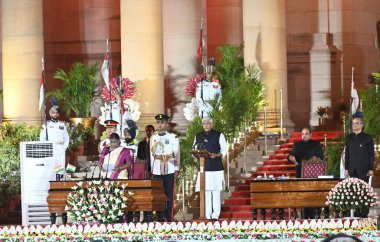 NEW DELHI, INDIA JUNE 9 2024    President Droupadi Murmu administers the oath of office to Gajendra Singh Shekhawat during the swearing-in ceremony of new Union government, at Rashtrapati Bhavan  on June 9, 2024 in New Delhi, India.  (Photo by Sonu M clipart