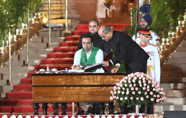 NEW DELHI, INDIA JUNE 9 2024    President Droupadi Murmu administers the oath of office to Jayant Choudhary during the swearing-in ceremony of new Union government, at Rashtrapati Bhavan  on June 9, 2024 in New Delhi, India.  (Photo by Sonu Mehta/Hin clipart