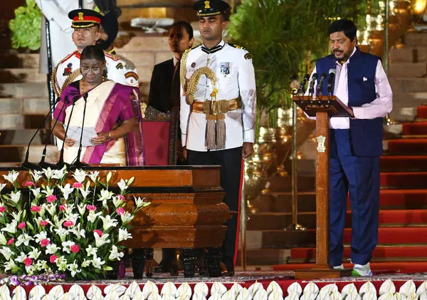 stock image NEW DELHI, INDIA JUNE 9 2024   Republican Party of India (Athawale) leader Ramdas Athawale takes oath as a cabinet minister (MOS) during the swearing-in ceremony of the NDA government, at Rashtrapati Bhavan on June 9, 2024 in New Delhi, India. Narend