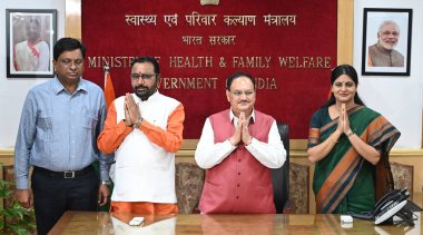 NEW DELHI INDIA JUNE 11 2024   Union Minister JP Nadda and Ministers of State Anupriya Patel and Jadhav Prataprao Ganpatrao during taking charge at Ministers of Health and Family Welfare at Ministry Office Nirman Bhawan on June 11 2024 in New Delhi I clipart