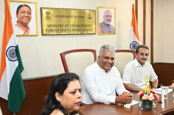 stock image NEW DELHI INDIA JUNE 11 2024   Union Minister for Environment Forest and Climate Change Bhupender Yadav and Minister of state Kirti Vardhan Singh during taking charge as Environment Forest and Climate Change Minister and MoS respectively on June 11 2