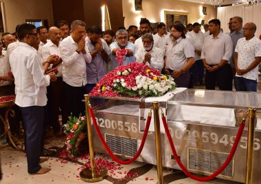 MUMBAI INDIA JUNE 12 2024   Shivsena  UBT  leader Milind Narvekar paid their last respects to MCA  Mumbai Cricket Association  president Amol Kale at MCA Wankhade on June 12 2024 in Mumbai India. MCA president Amol Kale died due to cardiac arrest in  clipart