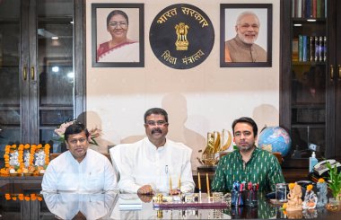 NEW DELHI INDIA JUNE 13 2024    Dharmendra Pradhan assume charge as Education minister with MoS Jayant Chaudhary Sukanta Majumdar at Shastri Bhawan  on June 13 2024 in New Delhi India.   Photo by Raj K Raj/Hindustan Times  clipart