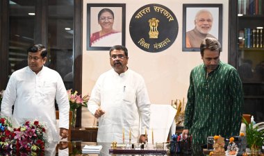 NEW DELHI INDIA JUNE 13 2024    BJP MP Dharmendra Pradhan assumes charge as Minister of Education at Shastri Bhawan  on June 13 2024 in New Delhi India. Ministers of State Jayant Chaudhary and Sukanta Majumdar are also seen.  Photo by Sonu Mehta/Hind clipart