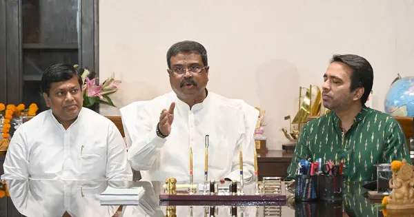 stock image NEW DELHI INDIA JUNE 13 2024    BJP MP Dharmendra Pradhan assumes charge as Minister of Education at Shastri Bhawan  on June 13 2024 in New Delhi India. Ministers of State Jayant Chaudhary and Sukanta Majumdar are also seen.  Photo by Sonu Mehta/Hind