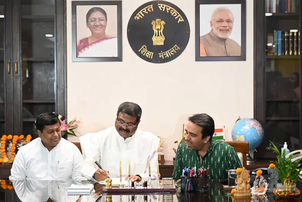 stock image NEW DELHI INDIA JUNE 13 2024    BJP MP Dharmendra Pradhan assumes charge as Minister of Education at Shastri Bhawan  on June 13 2024 in New Delhi India. Ministers of State Jayant Chaudhary and Sukanta Majumdar are also seen.  Photo by Sonu Mehta/Hind