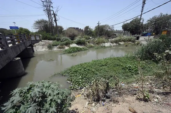 NEW DELHI INDIA 13 Haziran 2024 Munak kanalı Bawana JJ Kolonisi 'nin kötü bakımı 13 Haziran 2024 tarihinde Yeni Delhi Hindistan' da Harevali 'ye. Polis personelinin kanal boyunca konuşlandırılması, Anayasa Mahkemesi 'nin Çarşamba günü aralarında doğrudan bir bağlantı kurması sonrasında gerçekleşti.