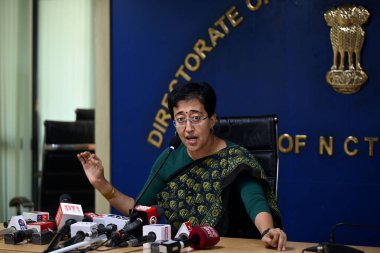 NEW DELHI INDIA JUNE 15 2024   Delhi Cabinet Minister Atishi addresses a press conference over the shortage of water at Delhi Secretariat on June 15 2024 in New Delhi India. In view of the water shortage in the national capital the Delhi government h clipart