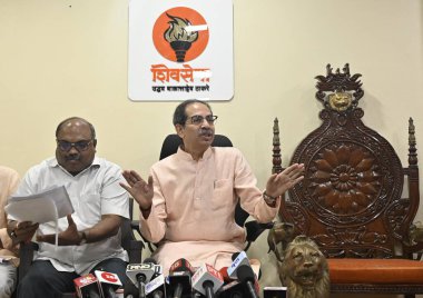 MUMBAI INDIA MAY 12 2023 Shiv Sena UBT chief Uddhav Thackeray alongside party leader MLA Anil Parab addresses the media during a press conference at Matoshree Bandra East on May 12 2023 in Mumbai India Photo by Vijay Bate Hindustan Times  clipart