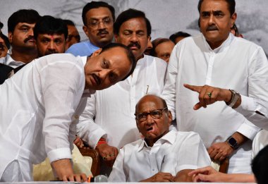 MUMBAI INDIA MAY 1 2023 Sharad Pawar 82 made the announcement of his retirement during the release of his autobiography Lok Majhe Sangati Political Autobiography at Y B Chavan Centre Nariman Point on May 2 2023 in Mumbai India Sharad Pawar said it wa clipart