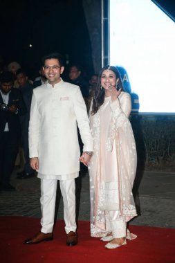 NEW DELHI INDIA MAY 13 2023 Bollywood actor Parineeti Chopra and AAP leader Raghav Chadha during their engagement ceremony at Kapurthala House on May 13 2023 in New Delhi India The couple who have been dating for some time received the blessings of t clipart