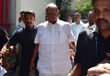 MUMBAI INDIA MAY 4 2023 Nationalist Congress Party supremo NCP Sharad Pawar interacts with party workers and supporters during their dharna urging him to reconsider his resignation from the post of party president at Y B Chavan Centre Nariman Point o clipart