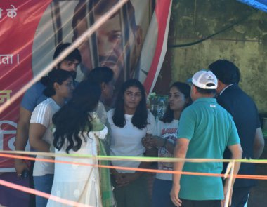 NEW DELHI INDIA MAY 3 2023 Indian Olympic Association President and Rajya Sabha MP P T Usha arrives to meet the wrestlers Vinesh Phogat Sakshi Malik and others amid their ongoing protest against the President of Wrestling Federation of India at Janta clipart