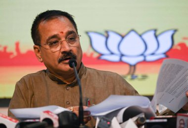 NEW DELHI INDIA MAY 20 2023 Delhi BJP President Virendra Sachdeva during a press conference welcomed the Center s ordinance on transfer and disciplinary proceedings of bureaucrats in Delhi at Delhi BJP Office on May 20 2023 in New Delhi India Photo b clipart