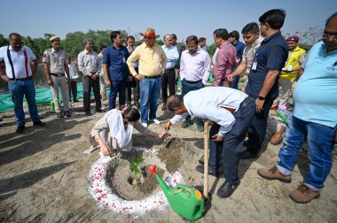 NEW DELHI INDIA MAY 7 2023 Vinai Kumar Saxena Lieutenant Governor of Delhi plants the tree at Cherry Island during his visit to Mini Islands that are being rejuvenated by the authorities in Yamuna River near Yamuna Bazaar on May 7 2023 in New Delhi I clipart