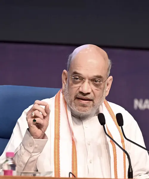 stock image NEW DELHI INDIA MAY 24 2023 Union Home Minister Amit Shah during a press conference on significant historical event celebrating Azadi Ka Amrit Mahotsav at National Media Centre on May 24 2023 in New Delhi India Speaking to the media Union Home Minist