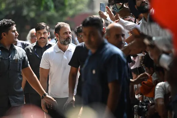 stock image NEW DELHI INDIA MAY 13 2023 Rahul Gandhi Congress Leader arrives to meet the supporters after winning the Karnataka Assembly Elections at AICC on May 13 2023 in New Delhi India Congress has won 135 seats well above the majority mark of 113 seats in a