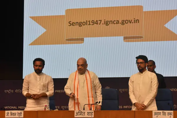 stock image NEW DELHI INDIA MAY 24 2023 Union Home Minister Amit Shah Union Sports Minister Anurag Thakur and Union Minister for Culture G Kishan Reddy launch website during a press conference on significant historical event celebrating Azadi Ka Amrit Mahotsav a