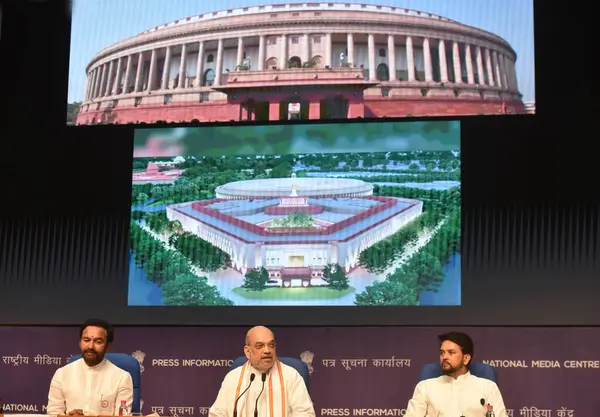 stock image NEW DELHI INDIA MAY 24 2023 Union Home Minister Amit Shah Union Minister of Information and Broadcasting Anurag Thakur and Union Minister for Culture G Kishan Reddy during a press conference on significant historical event celebrating Azadi Ka Amrit 