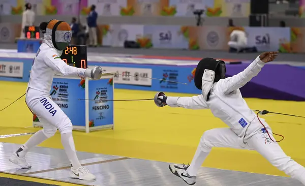 stock image LUCKNOW INDIA MAY 31 2023 Taniksha Khatri from Gurunanak Dev University Punjab during grils Fencing pool round under Khelo India University Games at Atal Vihari Ekana Sports city on May 31 2023 in Lucknow India Photo by Deepak Gupta Hindustan Times 