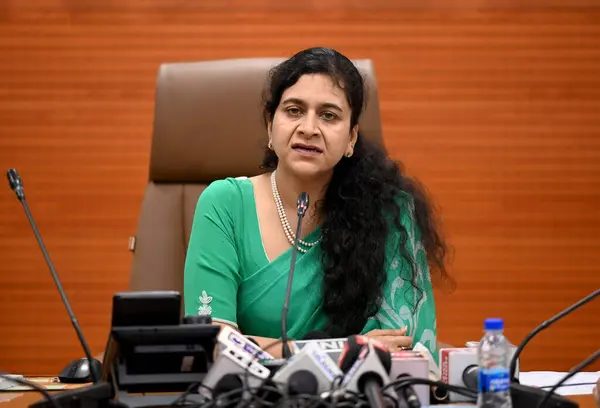 stock image NOIDA INDIA MAY 8 2023 Noida Authority CEO Ritu Maheshwari address the media regarding the water bill smart application on May 8 2023 in Noida India The Noida authority has developed a mobile application for consumers of water department The consumer