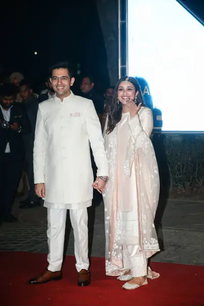 stock image NEW DELHI INDIA MAY 13 2023 Bollywood actor Parineeti Chopra and AAP leader Raghav Chadha during their engagement ceremony at Kapurthala House on May 13 2023 in New Delhi India The couple who have been dating for some time received the blessings of t