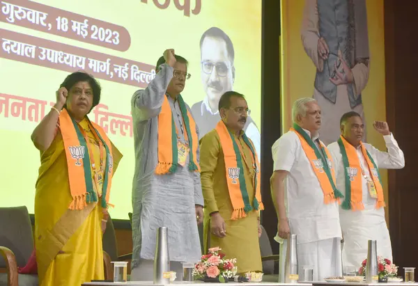 stock image NEW DELHI INDIA MAY 18 2023 L to R BJP National Secretary Alka gurjar BJP National Vice President Baijayant Jay Panda along with Delhi President Virendra Sachdeva BJP National General Secretary BL Santhosh Leader of Opposition of Delhi Ramvir Singh B