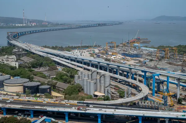 stock image MUMBAI INDIA MAY 24 2023 Chief Minister Eknath Shinde and DCM Devendra Fadnavis flag off a bus on a short distance on the newly completed Mumbai Trans Harbour Link MTHL on May 24 2023 in Mumbai India The link will be the longest sea bridge in India T