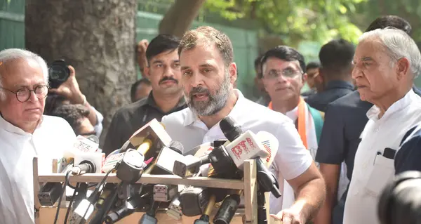 stock image NEW DELHI INDIA MAY 13 2023 Congress leader Rahul Gandhi addresses media persons after winning the Karnataka Assembly Election at AICC HQ on May 13 2023 in New Delhi India Congress has won 135 seats well above the majority mark of 113 seats in a 224 