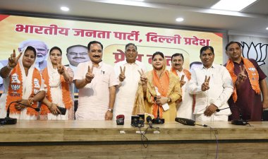 NEW DELHI, INDIA - AUGUST 25: Aam Aadmi Party (AAP) councilors Ram Chandra, Pawan Sehrawat, Manju Nirmal, Sughandha Bidhuri and Mamta Pawan join Bharatiya Janata Party (BJP) in presence of Delhi BJP party president Virendra Sachdeva, leaders Ramvir S clipart