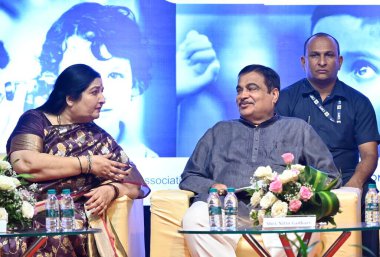 MUMBAI INDIA MAY 9 2023 Union Minister Nitin Gadkari with singer Anuradha Paudwal during the distribution of free hearing aids event by Suryodaya Foundation at Bandra on May 9 2023 in Mumbai India Photo by Vijay Bate HT Photo  clipart