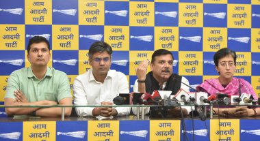 NEW DELHI INDIA MAY 22 2023 AAP leaders MP Sanjay Singh MP Sandeep Pathak Cabinet Minister Saurabh Bhardwaj and Cabinet Minister Atishi address a press conference at AAP HQ on May 22 2023 in New Delhi India Photo by Sonu Mehta Hindustan Times  clipart