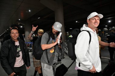 MUMBAI INDIA MAY 3 2023 AJ McLean Brian Littrell Nick Carter Howie Dorough and Kevin Richardson members of the American vocal group Backstreet Boys upon their arrival ahead of the DNA World Tour on May 3 2023 in Mumbai India DNA World Tour will play  clipart