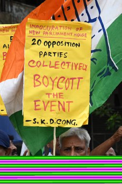 KOLKATA INDIA MAY 28 2023 South Kolkata Congress party members protest against inauguration of new parliament building in New Delhi by Prime Minister Narendra Modi on May 28 2023 in Kolkata India 19 parties including the Congress have boycotted the c clipart